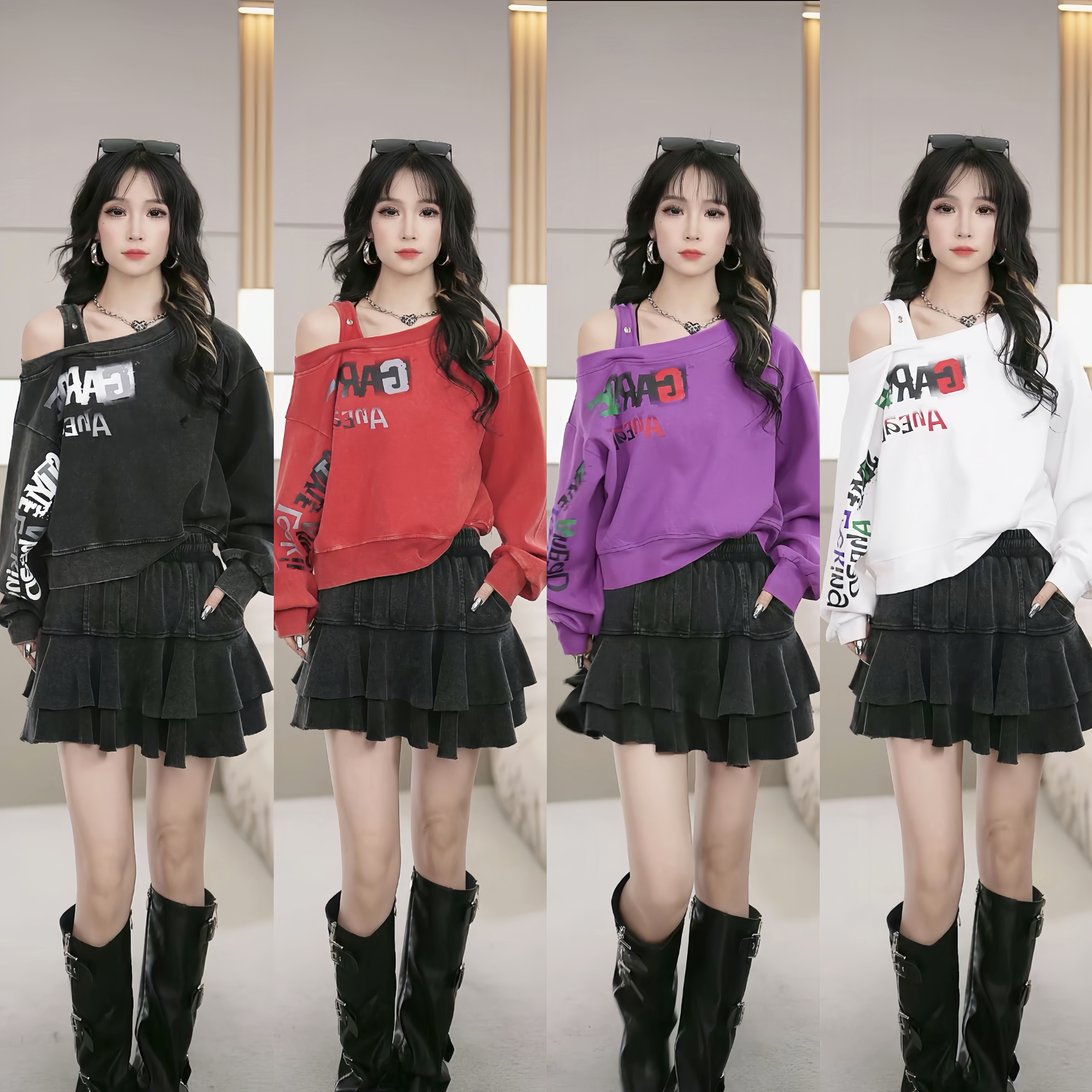 【笑姐定制】D99201 原创做旧字母印花露左肩铆钉设计宽松印花