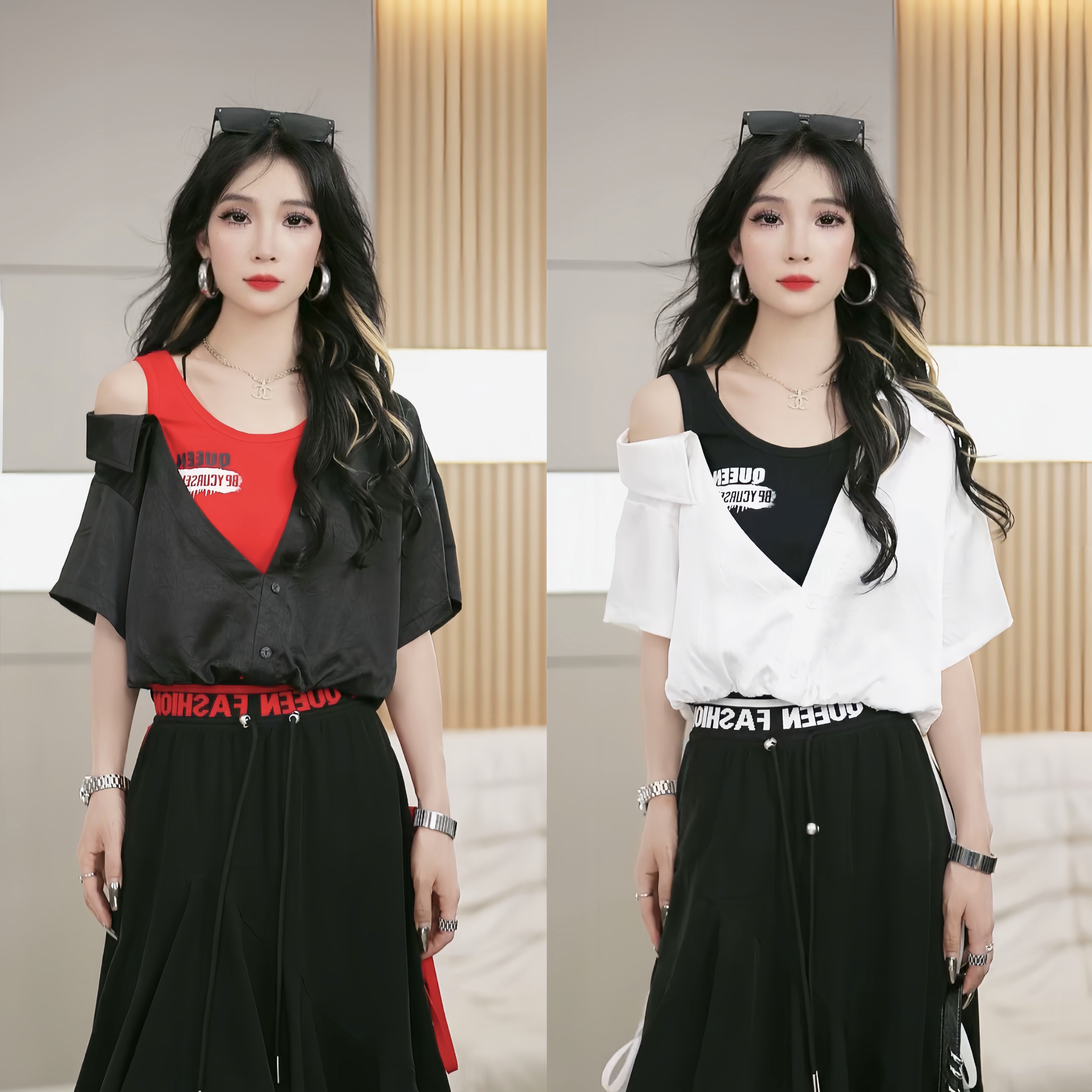 【笑姐定制】D97851原创假两件单露肩字母印花下摆宽松显瘦短袖高腰