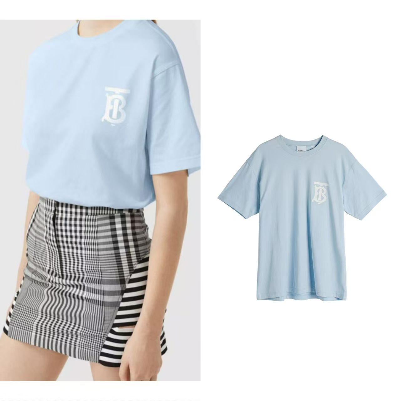 全新未使用 BURBERRY/博柏利 纯棉宽松T恤蓝色印花尺码XXS B0506 