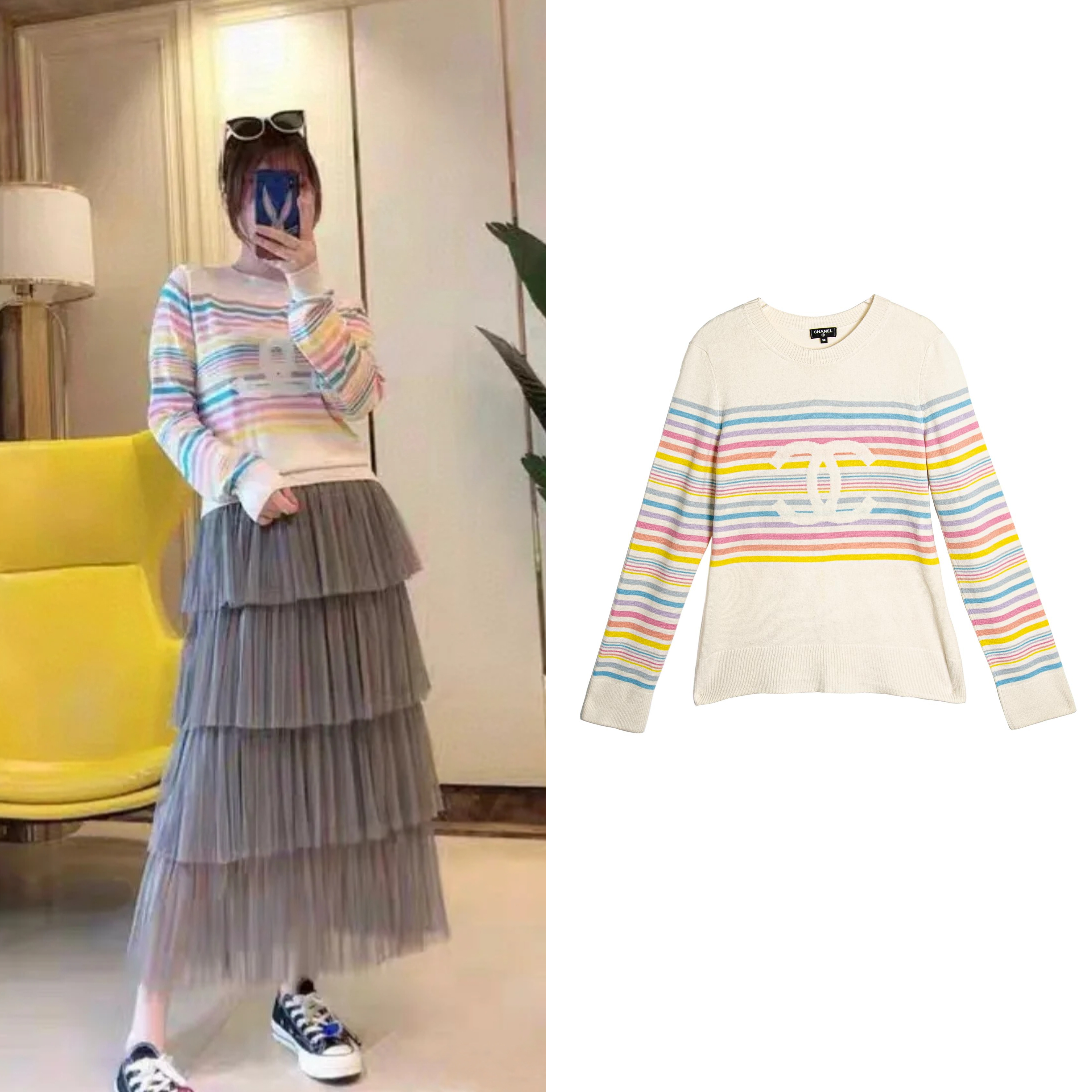 95新 Chanel/香奈儿 双C logo宽松彩色条纹长袖山羊绒衫38码C1002