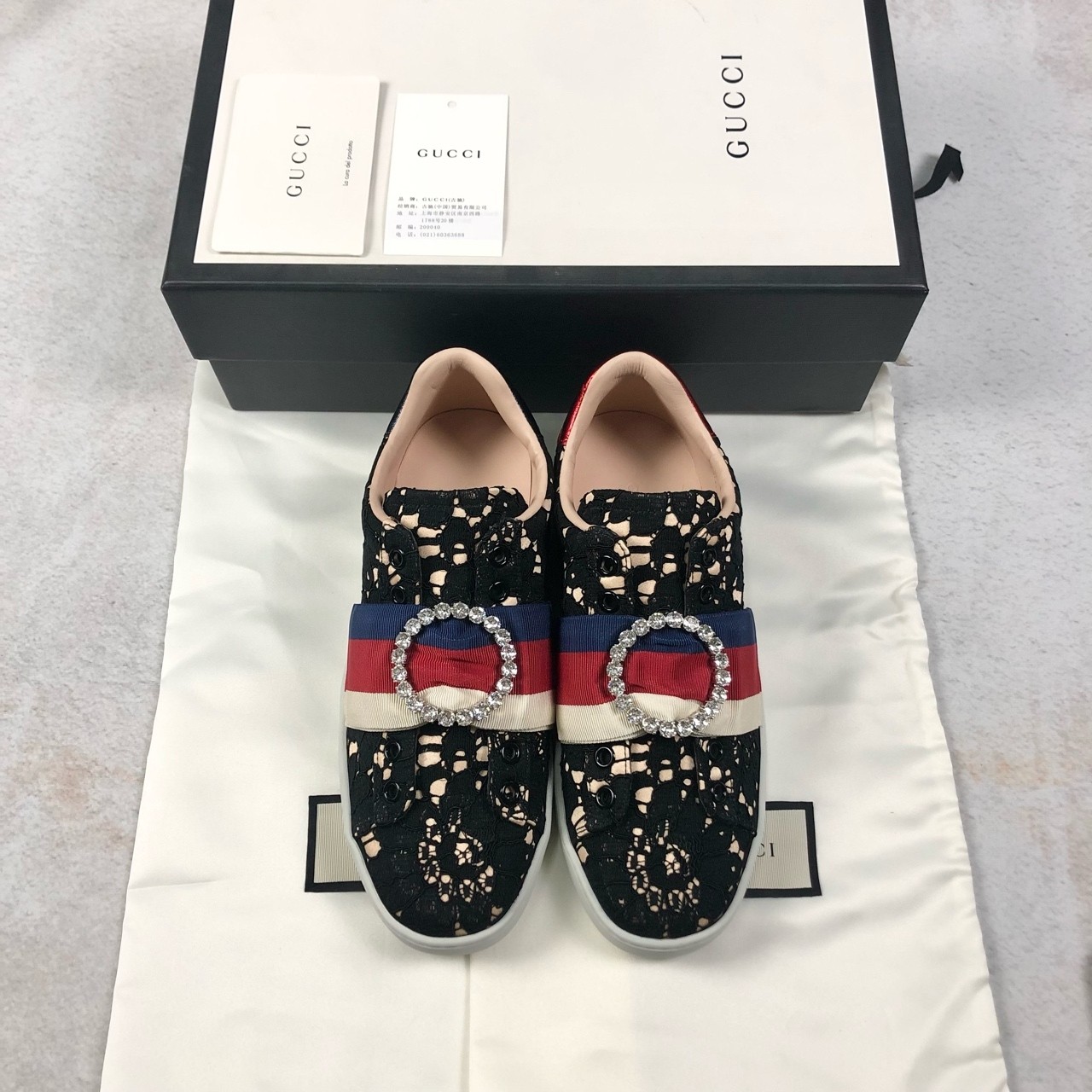 全新未使用 GUCCI/古驰 女士蕾丝鸳鸯尾平底休闲鞋35.5码 G0729  