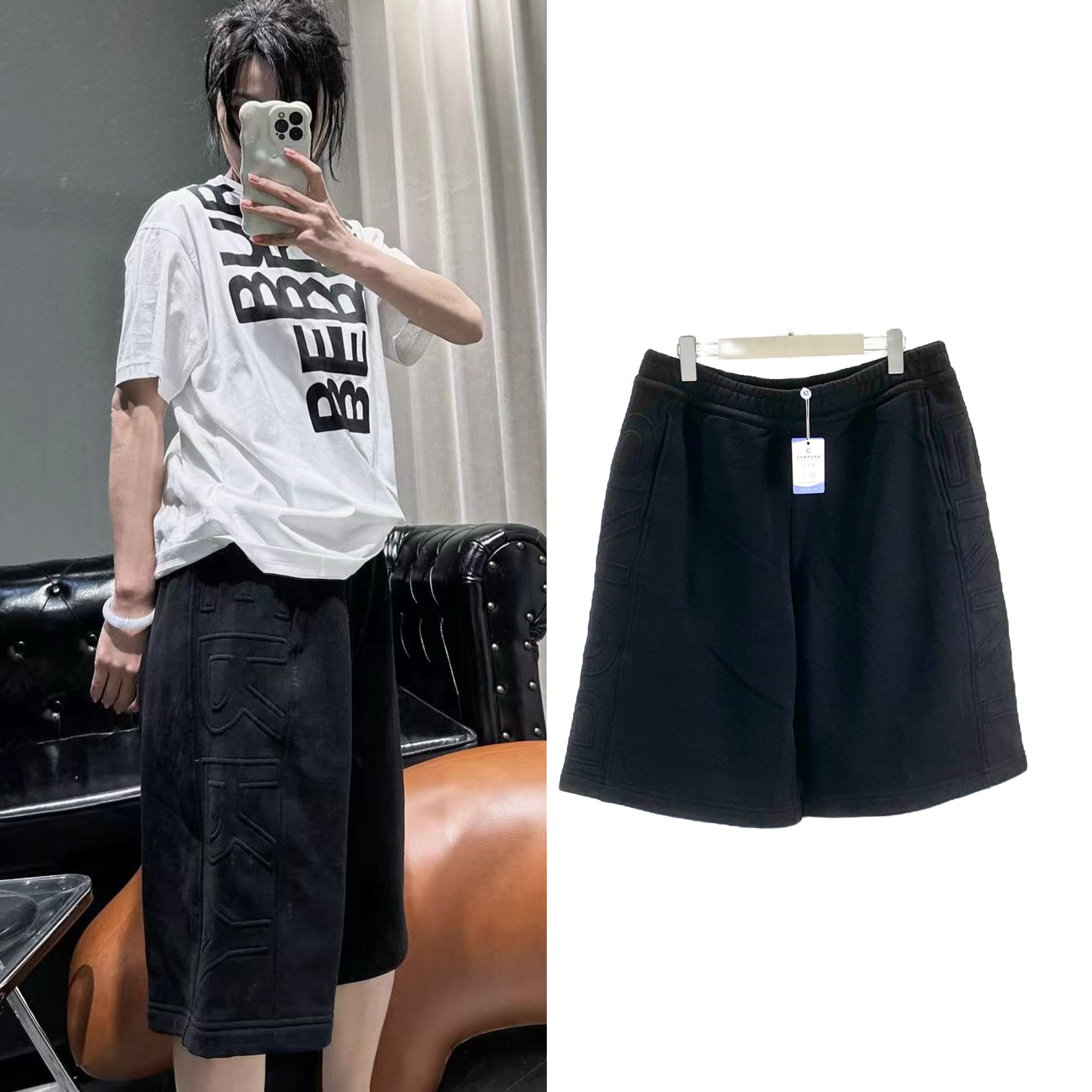 99新 BURBERRY/博柏利 黑色宽松百搭简约时尚纯色短裤尺码L B2505