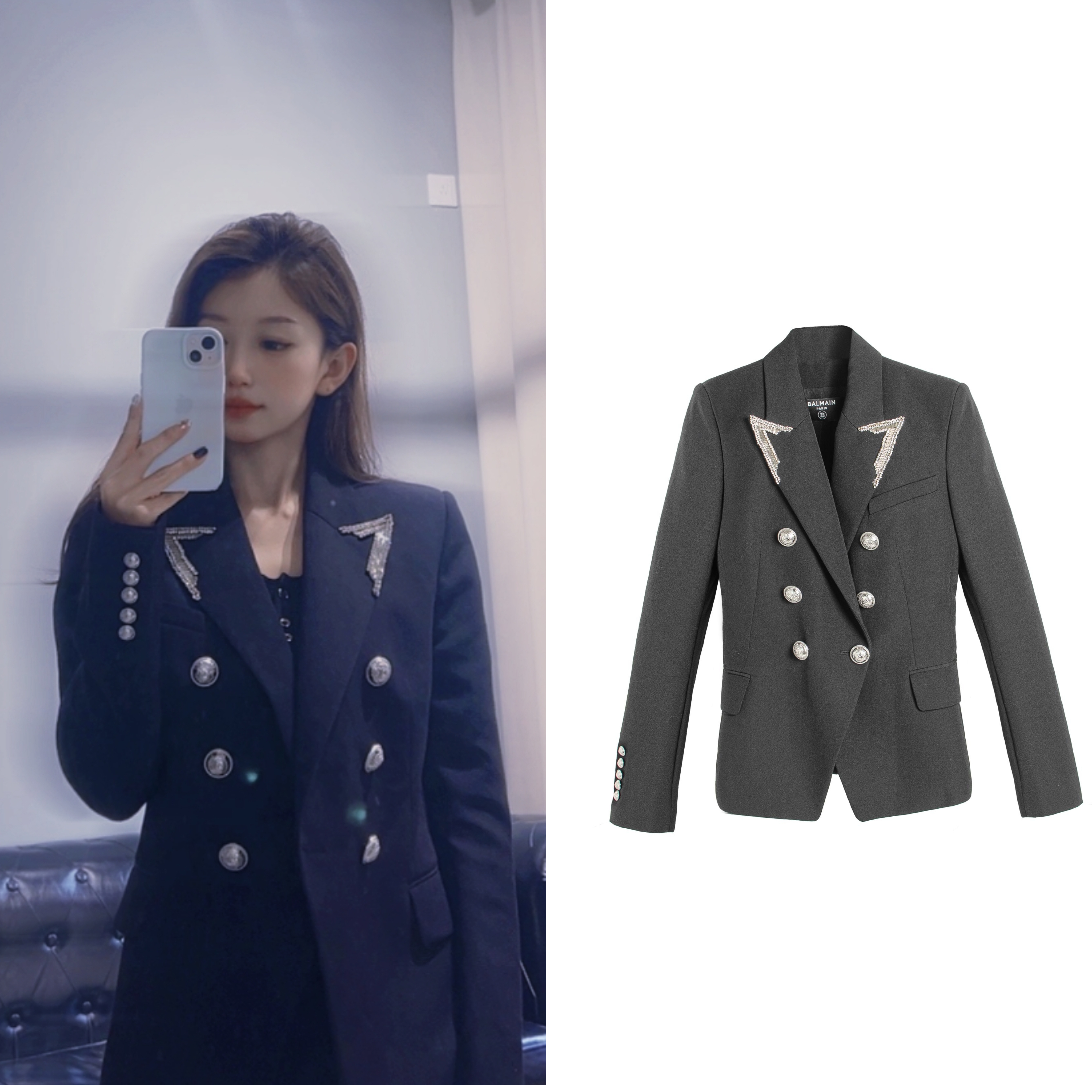 99新 BALMAIN/巴尔曼 修身黑色气质双排扣秋冬西装外套 38码B2412