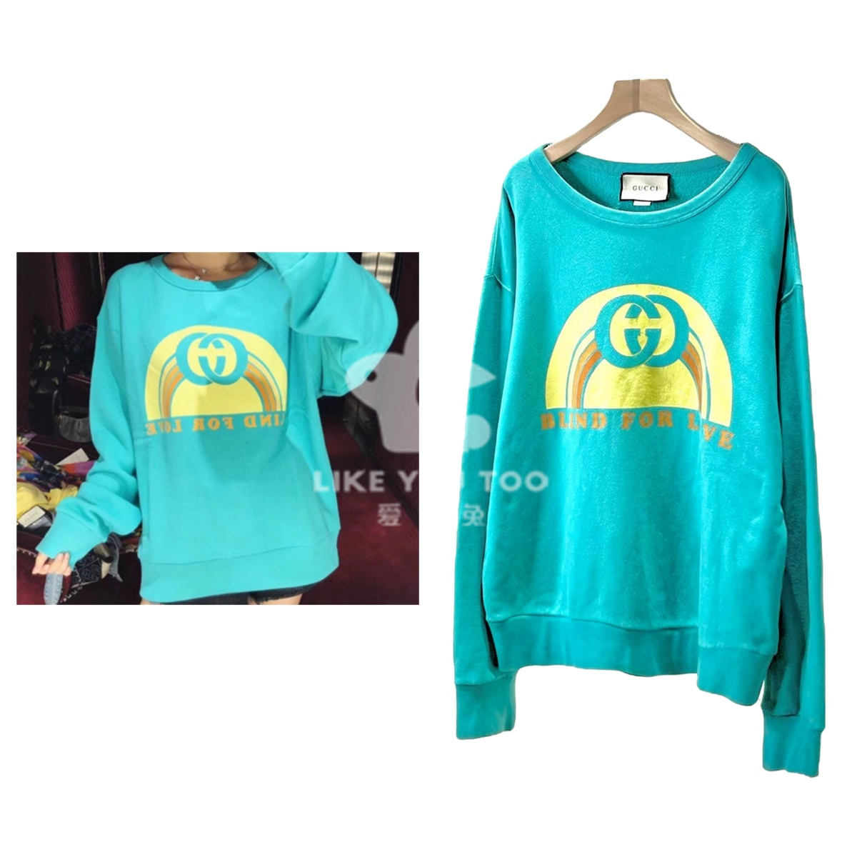 99新 GUCCI/古驰 春秋蓝色休闲时尚印花潮流套头卫衣尺码M G2911