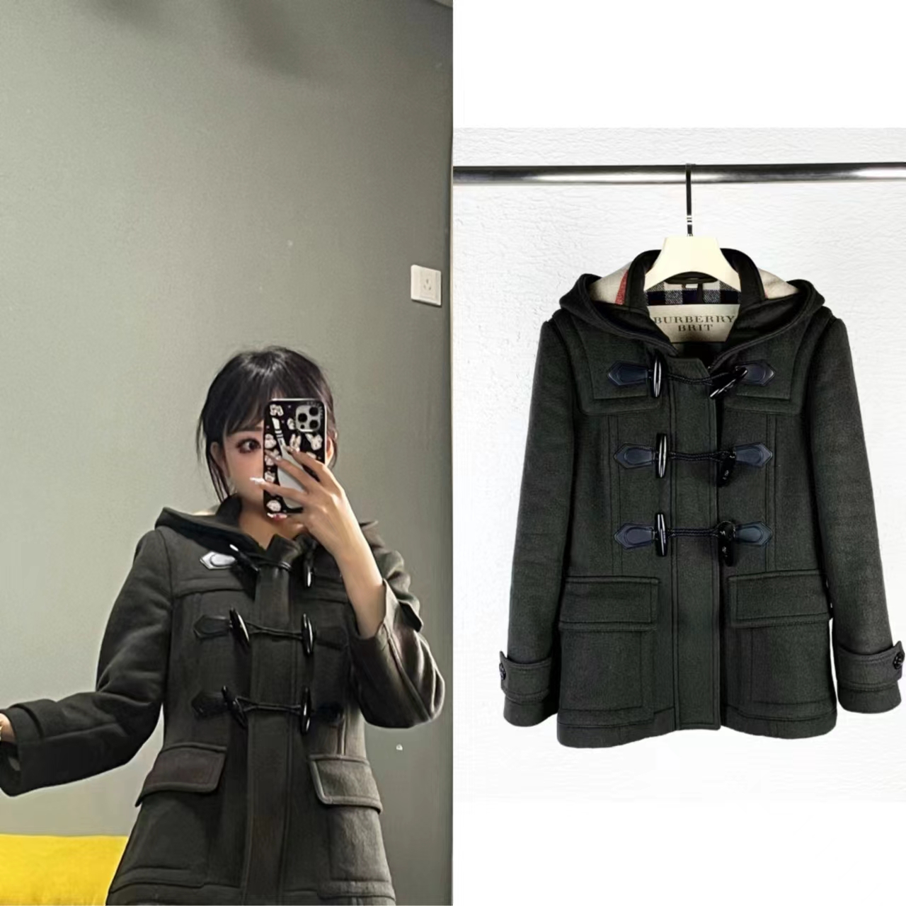 99新 BURBERRY/博柏利 连帽羊毛中长款秋冬时尚大衣尺码6 B1710  