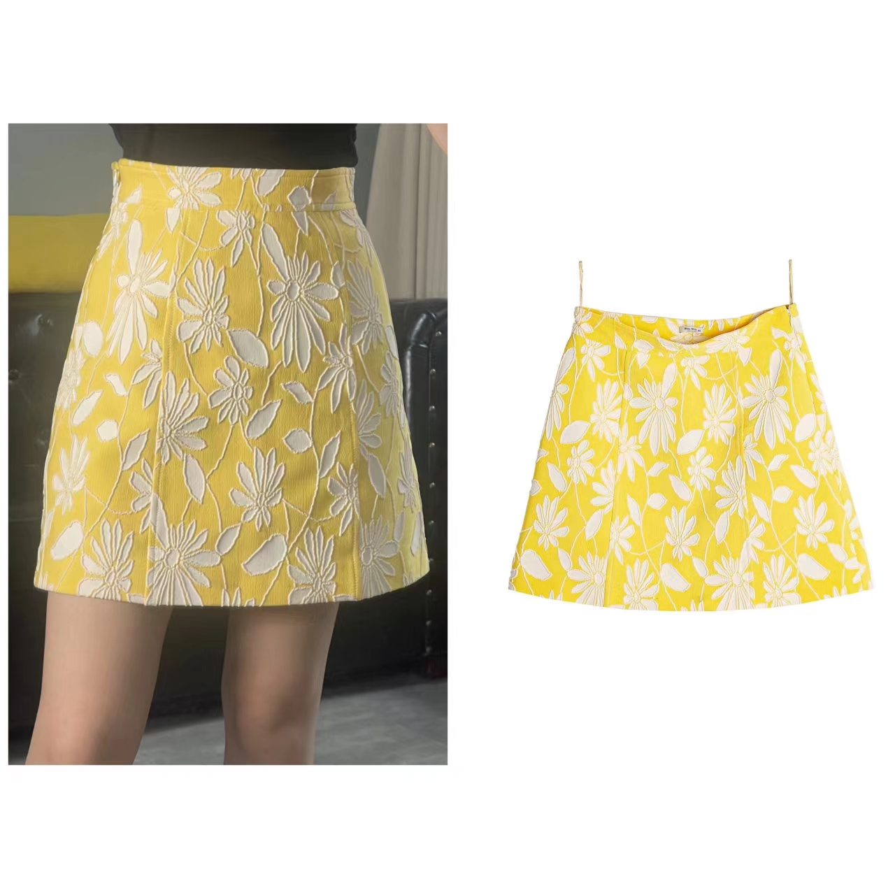 95新 MIU MIU/缪缪 碎花显瘦时尚高腰百搭黄色印花半裙40码M2003