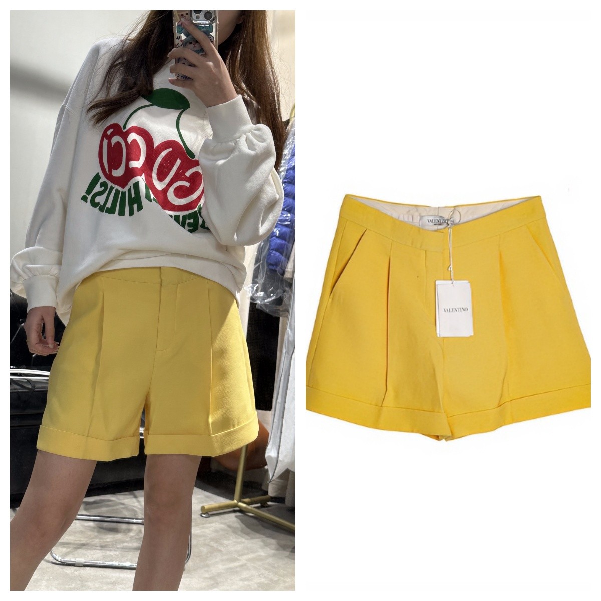 全新未使用 Valentino/华伦天奴 黄色休闲显瘦时尚短裤38码 V2606