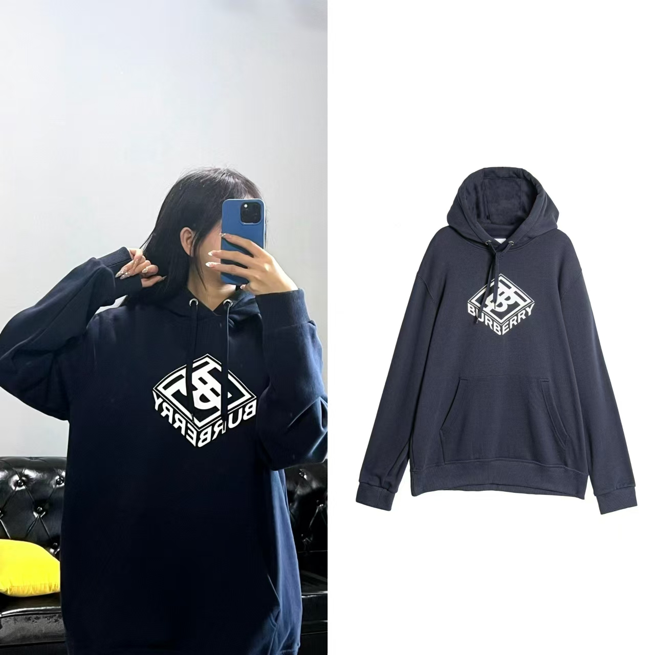 99新 BURBERRY/博柏利 长袖连帽卫衣百搭魔方藏青色尺码S/M B0504