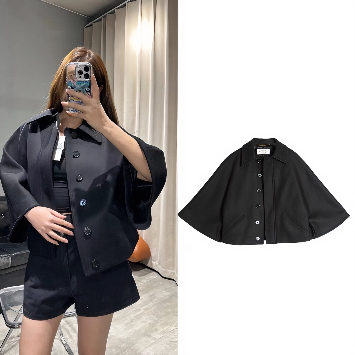 99新  Saint Laurent Paris长袖短款休闲羊毛外套黑色38码 S1105