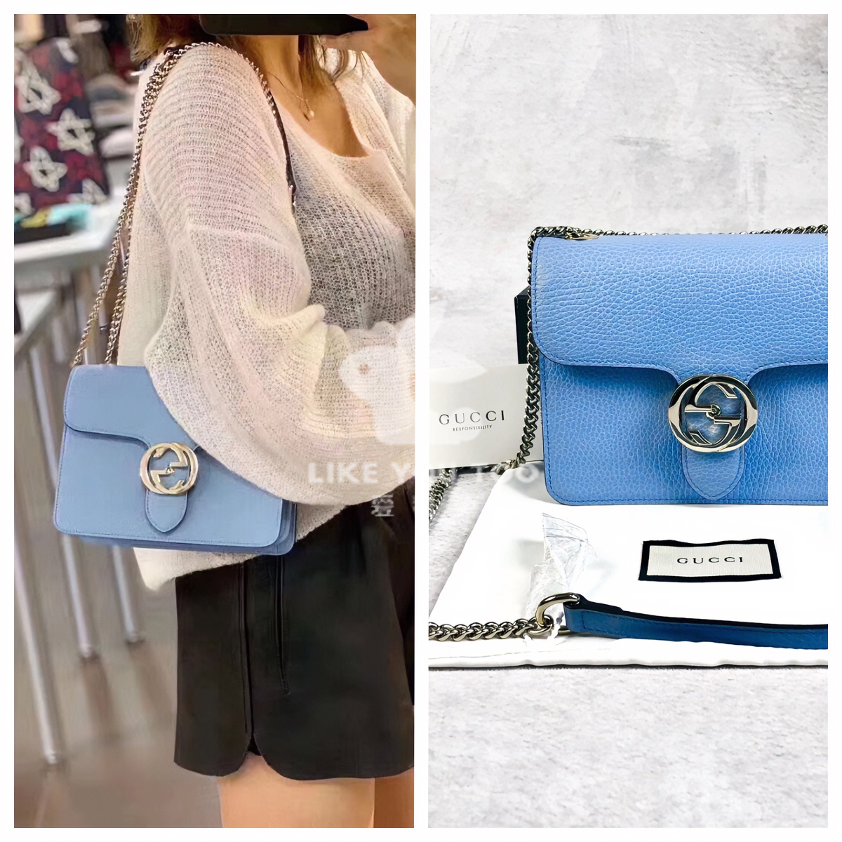 全新未使用 GUCCI/古驰 双G银扣时尚蓝色牛皮链条包单肩挎包G1510