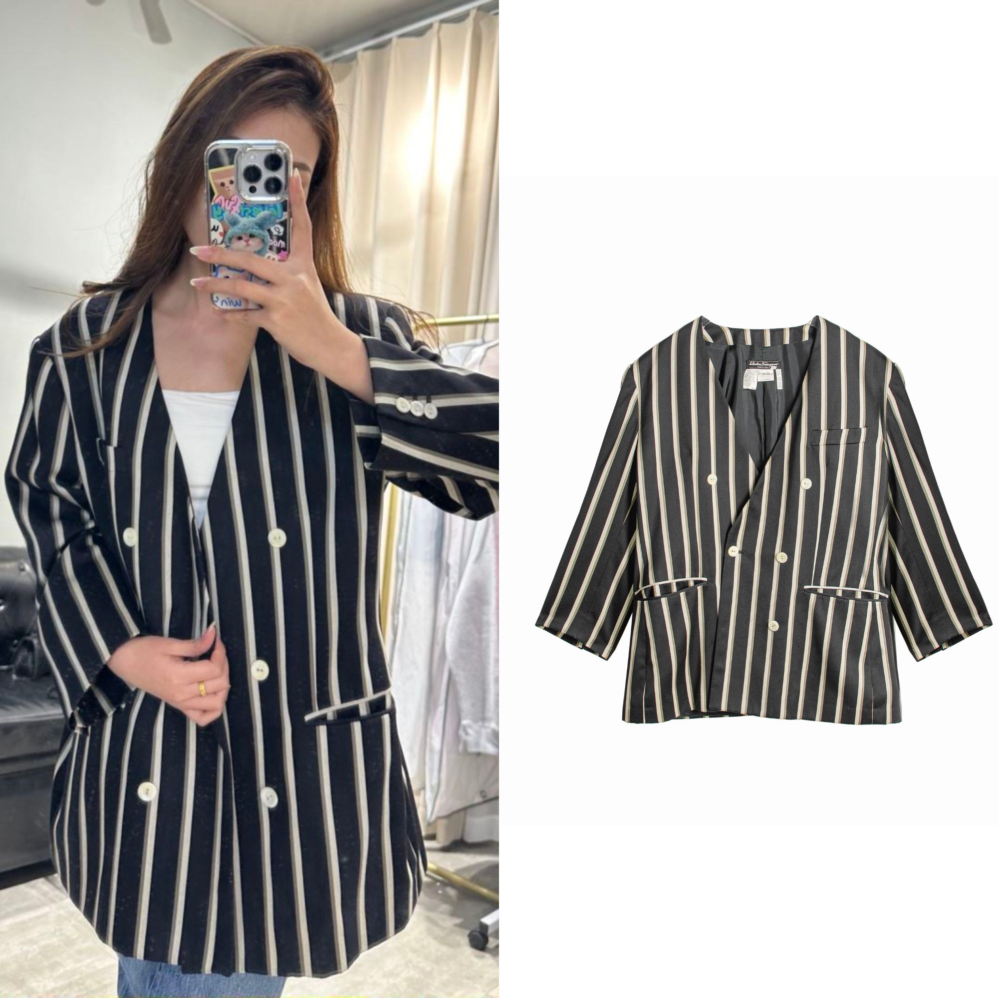 95新 FERRAGAMO/菲拉格慕 黑白气质百搭条纹西装外套48码F2921