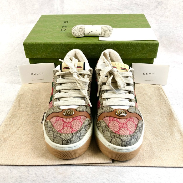 全新未使用 GUCCI/古驰 满印帆布低帮系带板鞋乌米色36码 G0205