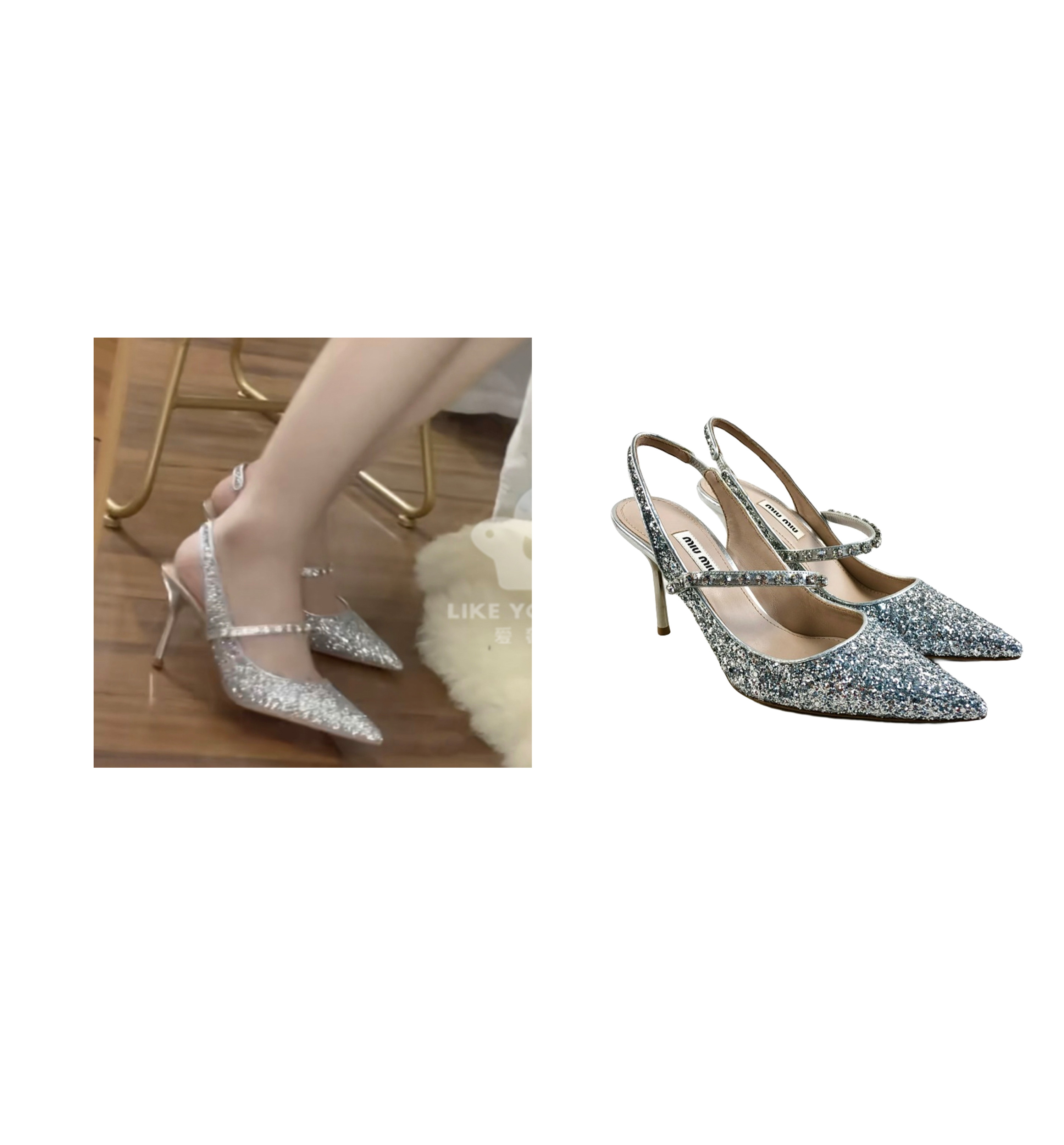 全新未使用 MIU MIU/缪缪 女款银色闪粉高跟鞋35.5码跟高8 M0701
