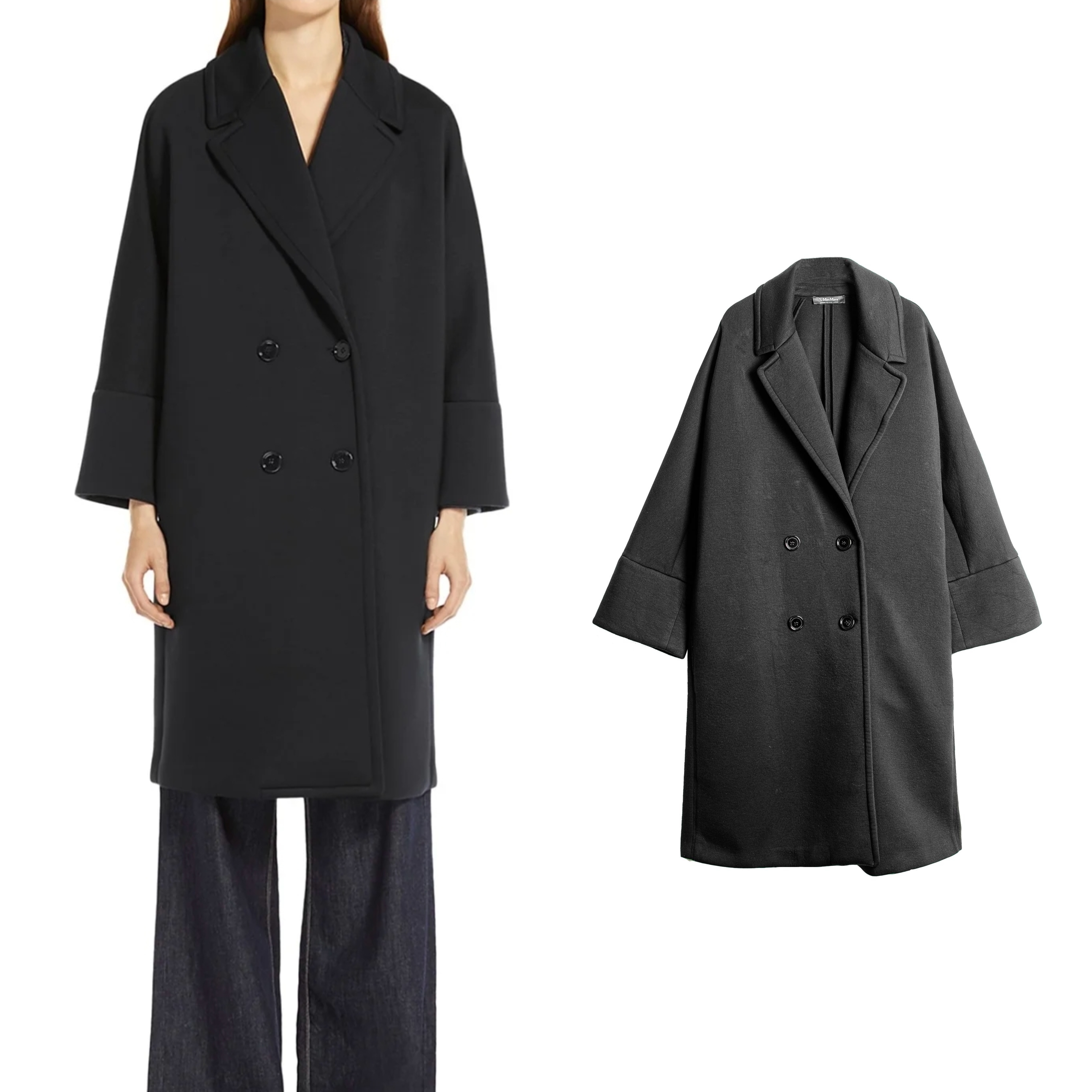 99新 MaxMara 纯色翻领双排扣长袖大衣女款秋冬黑色 L码 M2903 