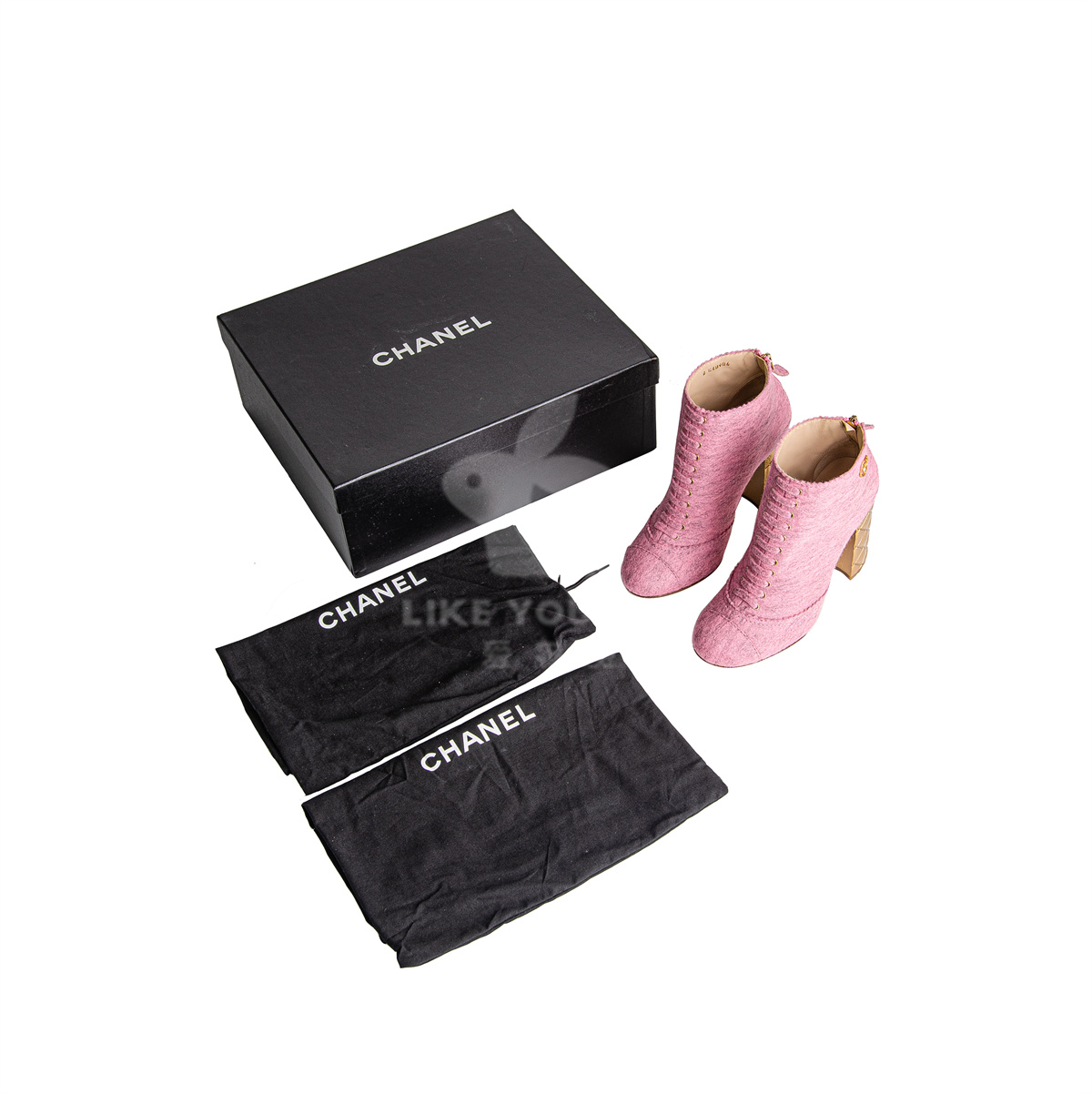 全新未使用 Chanel/香奈儿 限量款女士粉色方跟高跟短筒短靴36c码