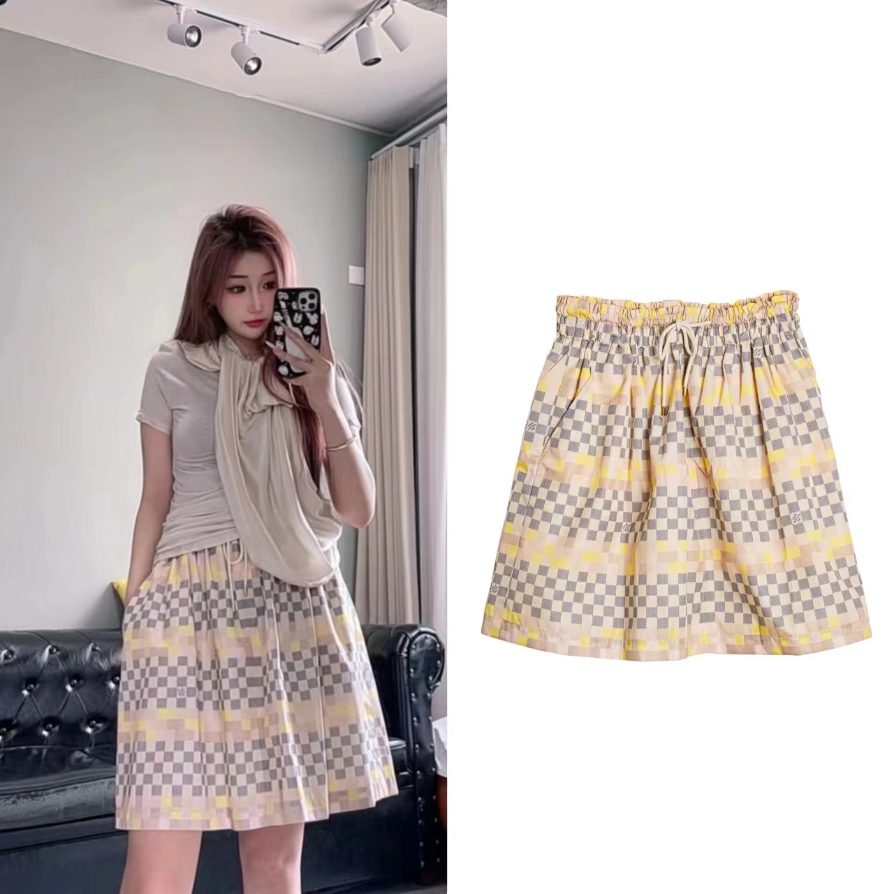 全新未使用 LouisVuitton/路易威登 格子棋盘印花高腰半裙 3005