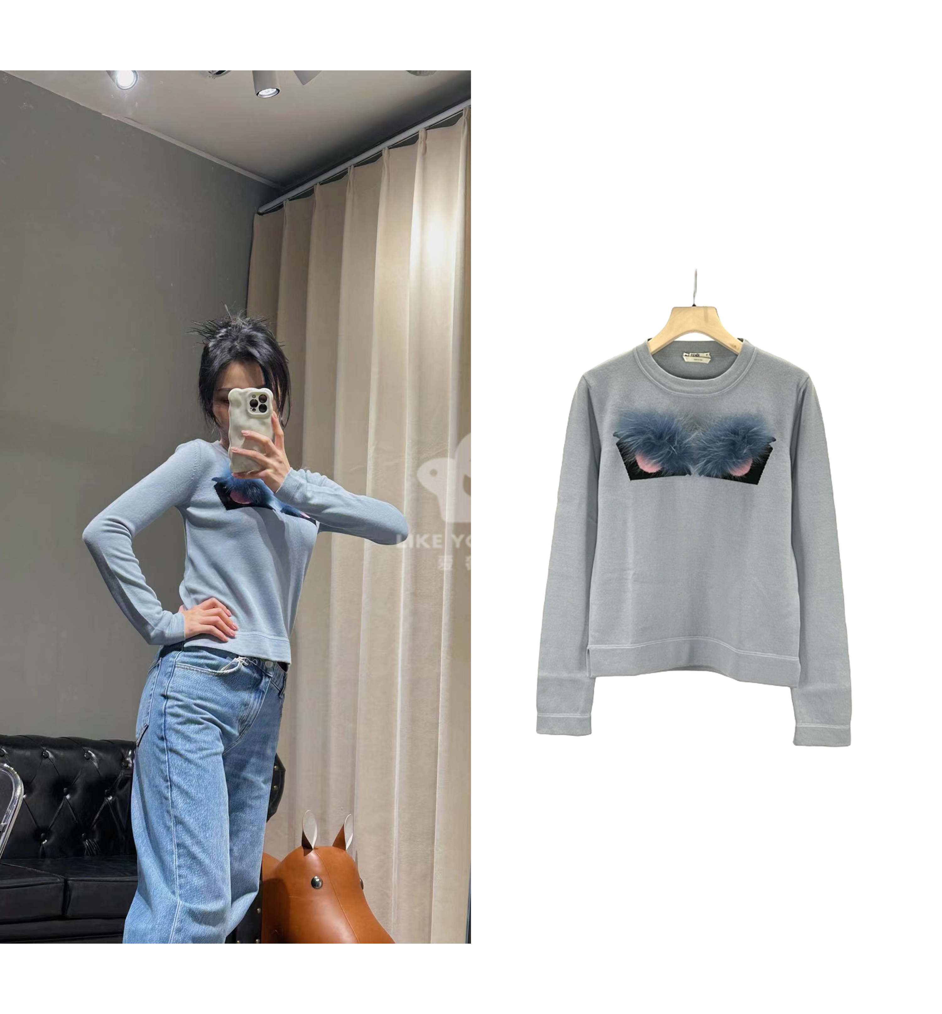 99新 FENDI/芬迪 针织毛衣蓝色毛毛套头宽松休闲秋季尺码38 F1112
