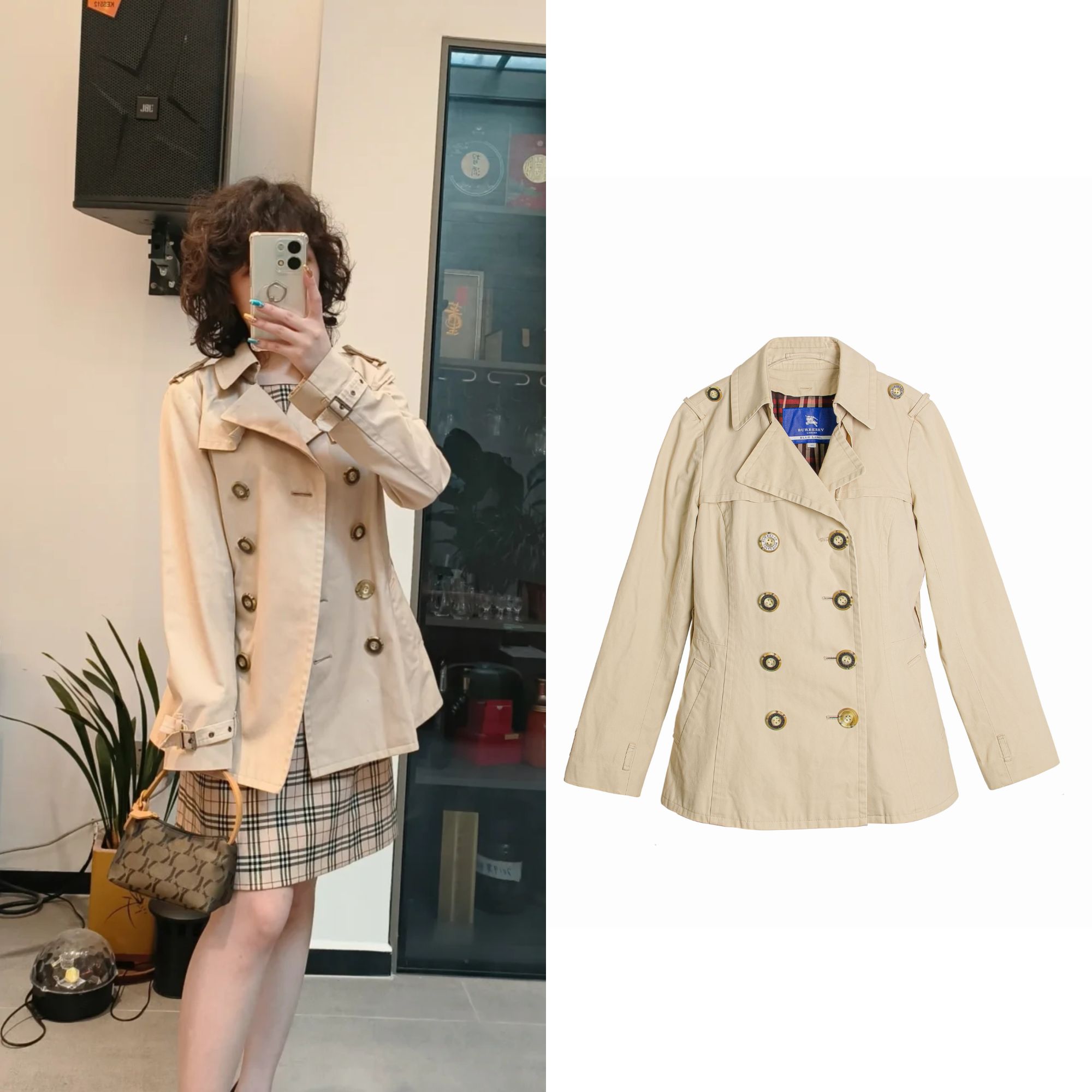 95新 BURBERRY/博柏利 女士休闲百搭卡其色短款风衣双排扣B2305  