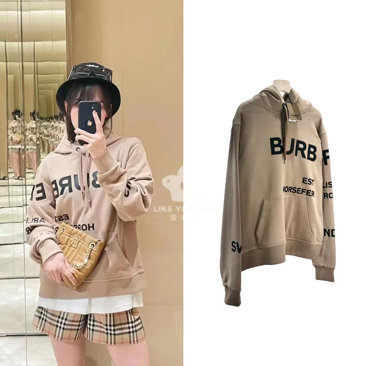 99新 BURBERRY/博柏利 宽松长袖休闲棕色弹幕印花连帽卫衣 B0506