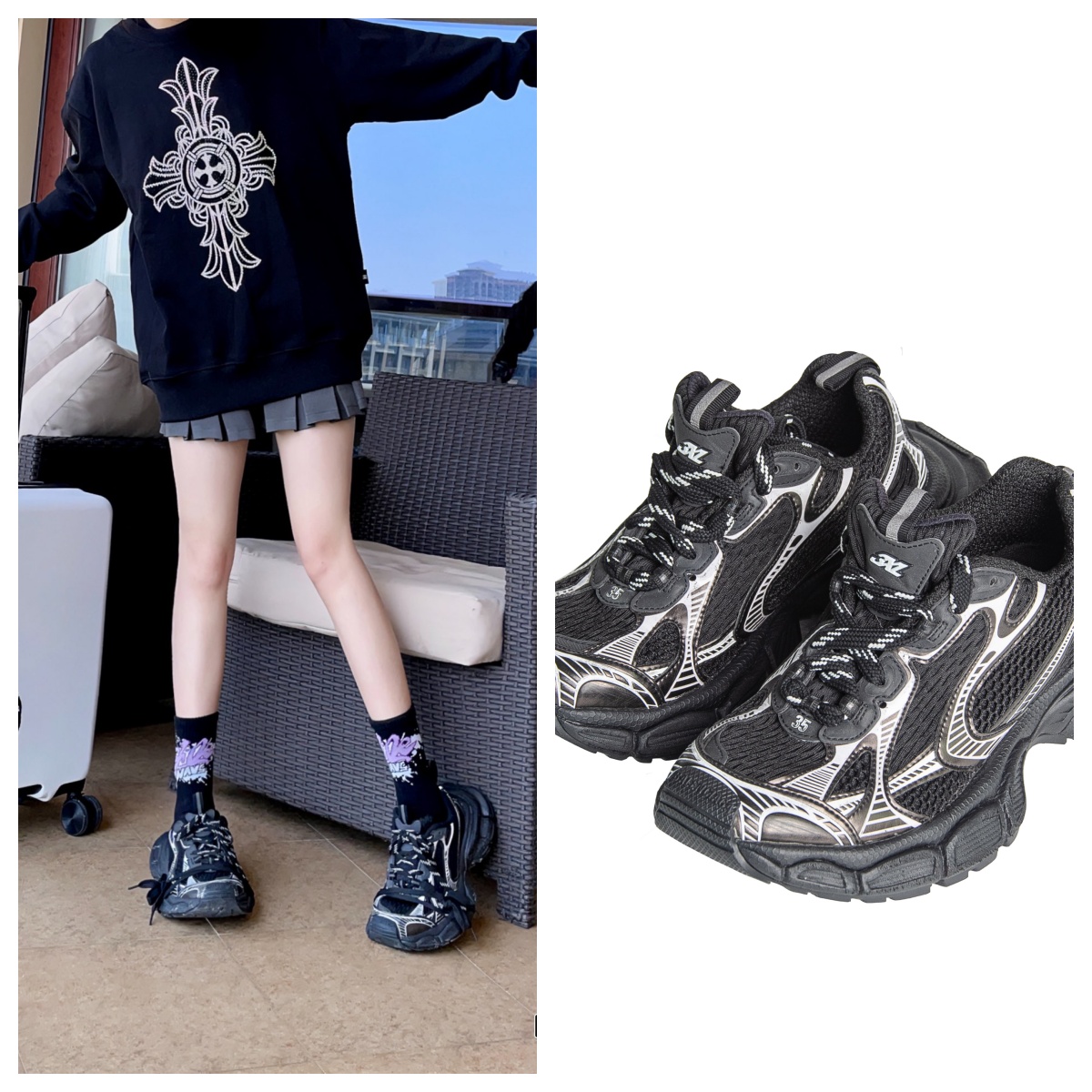 95新 Balenciaga/巴黎世家 老爹鞋黑色3XL运动鞋网面35码 B0801
