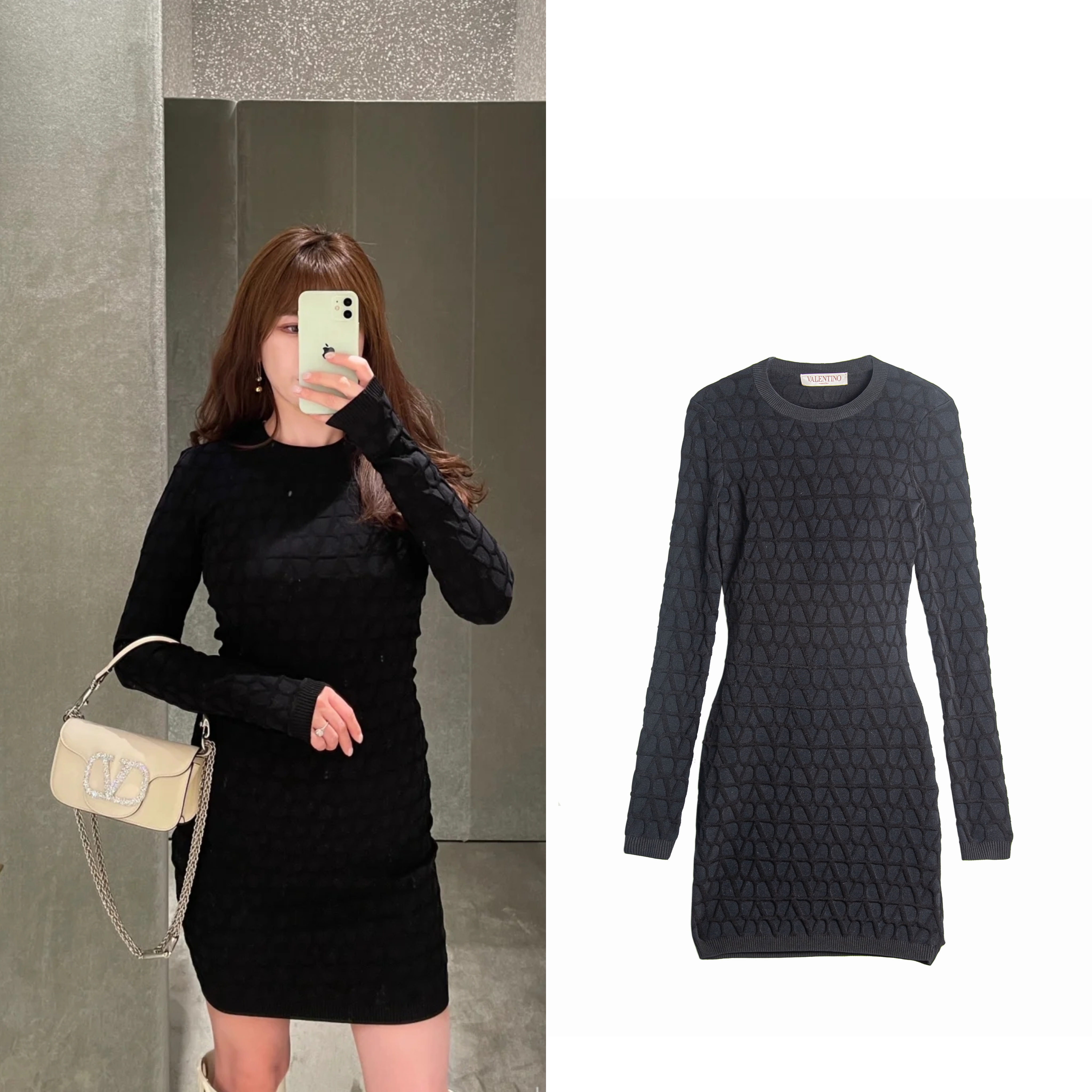 全新未使用 Valentino/华伦天奴 针织长袖弹力修身连衣裙   V1702