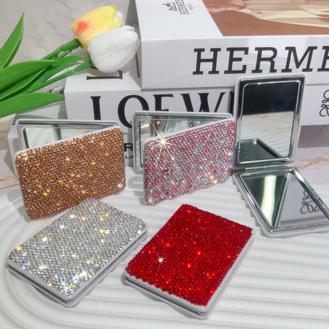 长方形镶钻便携随镜子迷你翻盖折叠镜化妆镜手工防滑加厚客厅透明