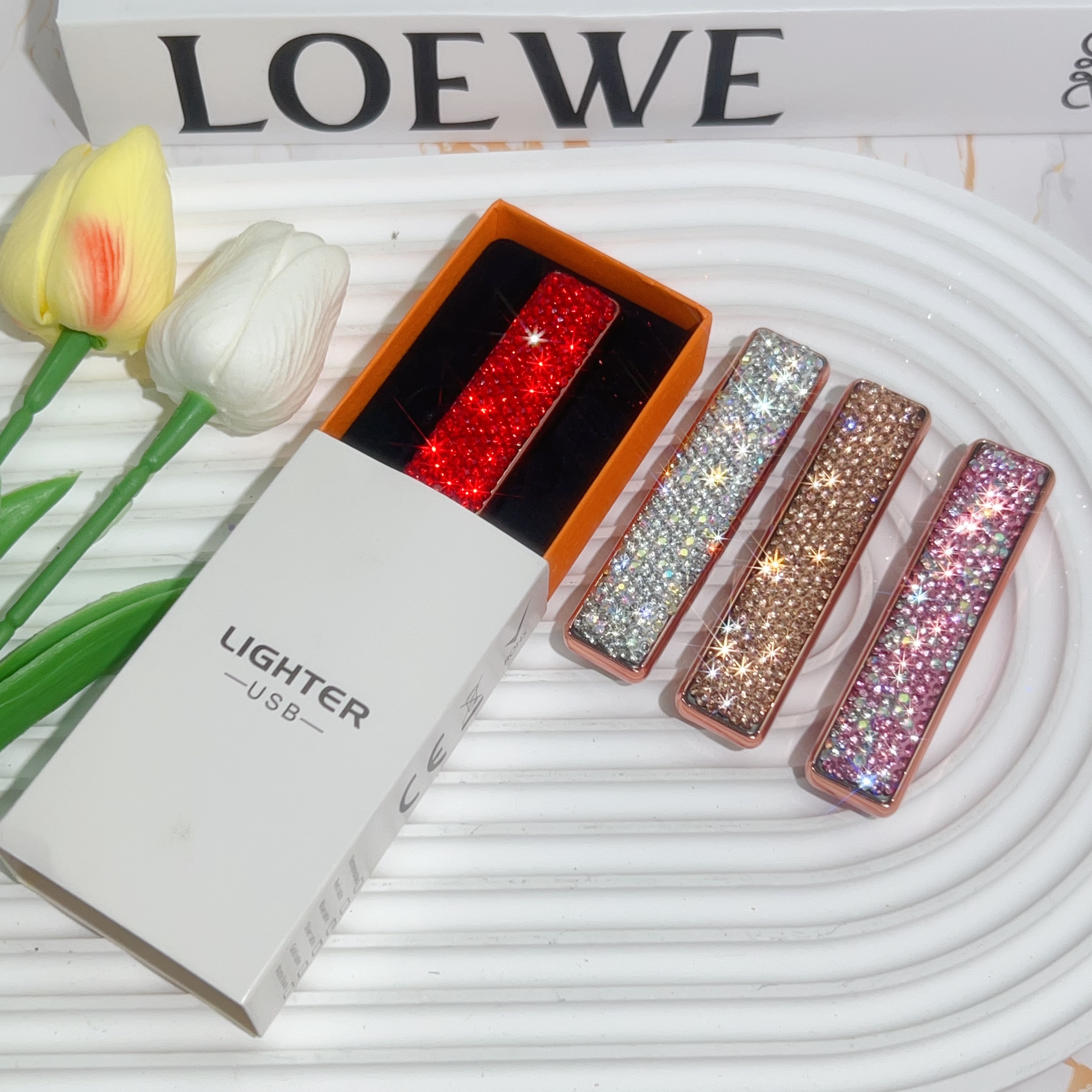 双面镶钻USB充电电子超薄打火机高档防爆精美铝合金材质送礼