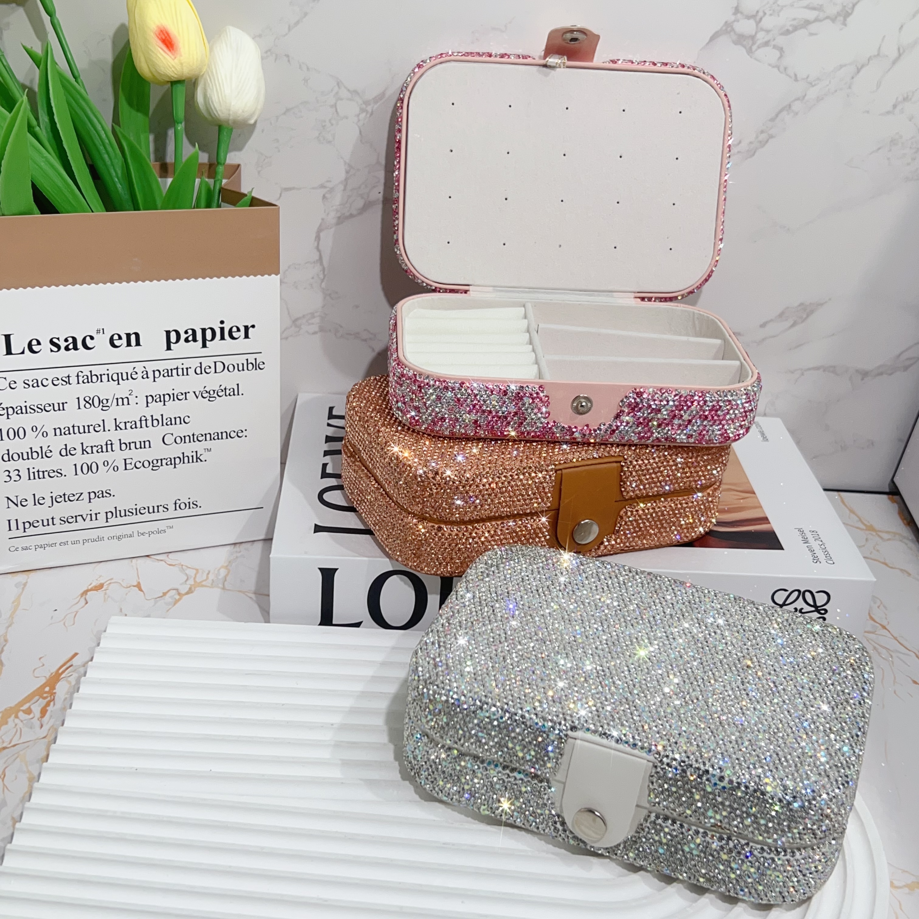 镶钻中号双层珠宝饰品盒高档首饰盒耳钉 项链戒指双层饰品收纳盒 