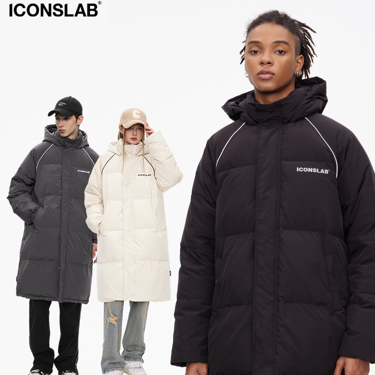ICONSLAB包边条连帽长版羽绒服男女情侣保暖冬外套