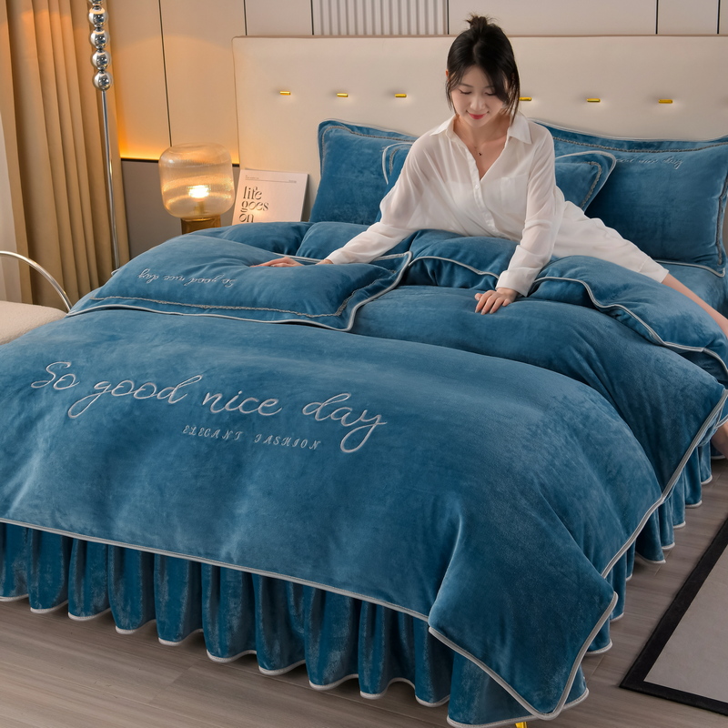 纯色简约绣花床裙加绒加厚保暖双面绒防静电被套被罩牛奶绒四件套