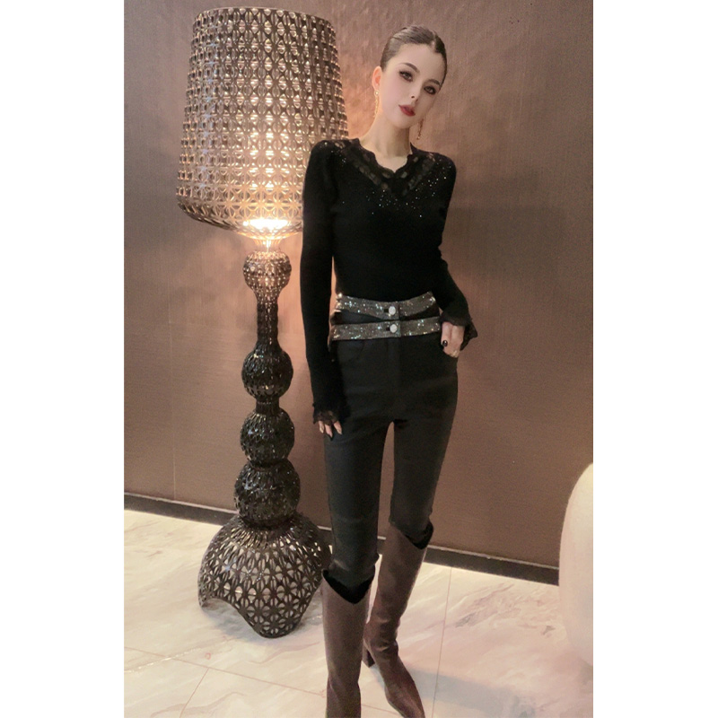 （涂层加绒）高腰交叉双排钻皮裤休闲裤K27195