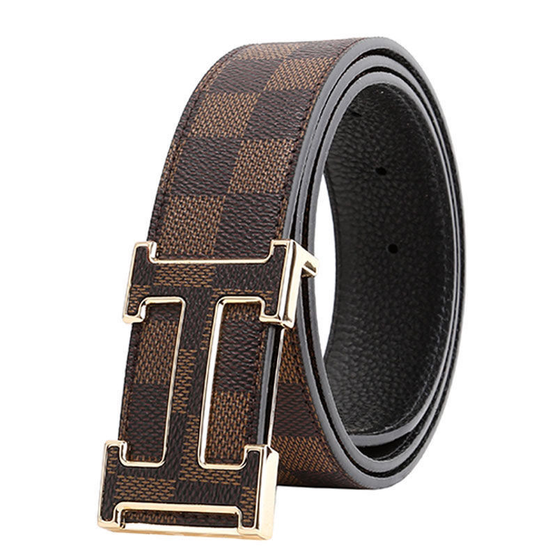 皮带男士真皮腰带H扣字母平滑扣青年潮韩版百搭休闲时尚格纹裤带