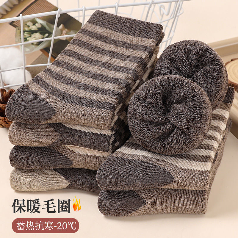 诸暨厚袜子美拉德咖色条纹加绒保暖毛巾袜中筒毛巾袜毛圈加厚冬天