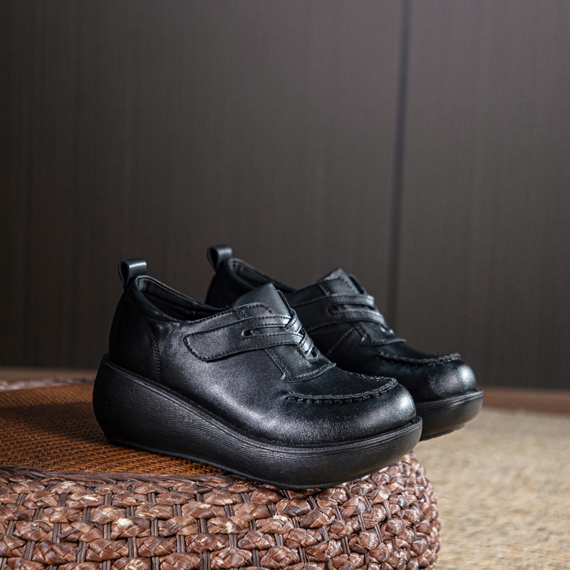 松糕小个子休闲厚底皮鞋秋季新款坡跟软底轻便系带增高单鞋乐福鞋