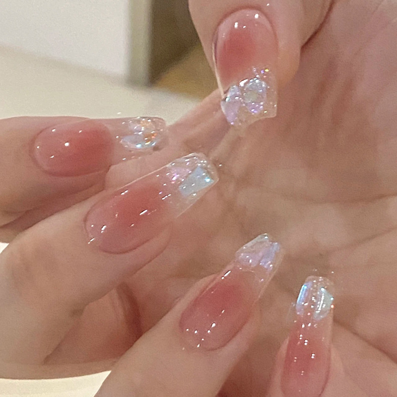 穿戴甲网红腮红纯欲风冰透极光钻短芭蕾美甲成品指甲贴片可拆卸