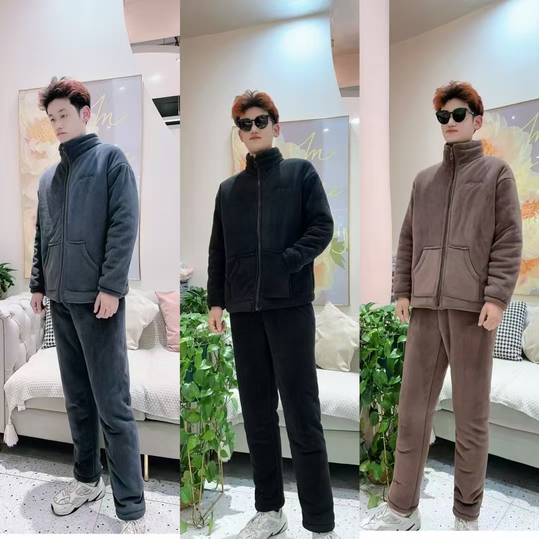 海豚绒套装睡衣可外穿加绒加厚男士家居服