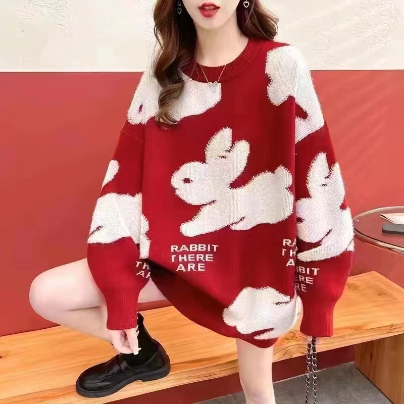 兔年2023新年款本命年红色毛衣女春款长袖针织宽松时尚毛衣