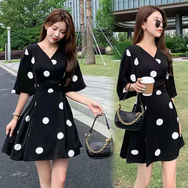 夏天小清新雪纺波点连衣裙女夏季2024新款收腰甜美裙子小个子