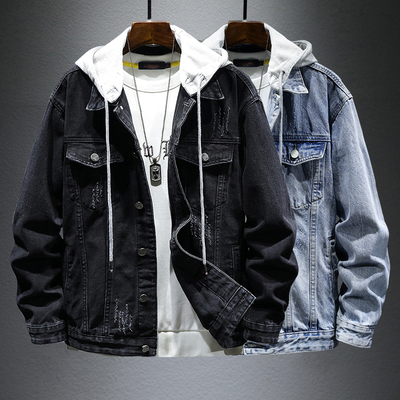 高端复古春秋季新款连帽牛仔外套男士潮牌宽松大码个性美式上衣夹