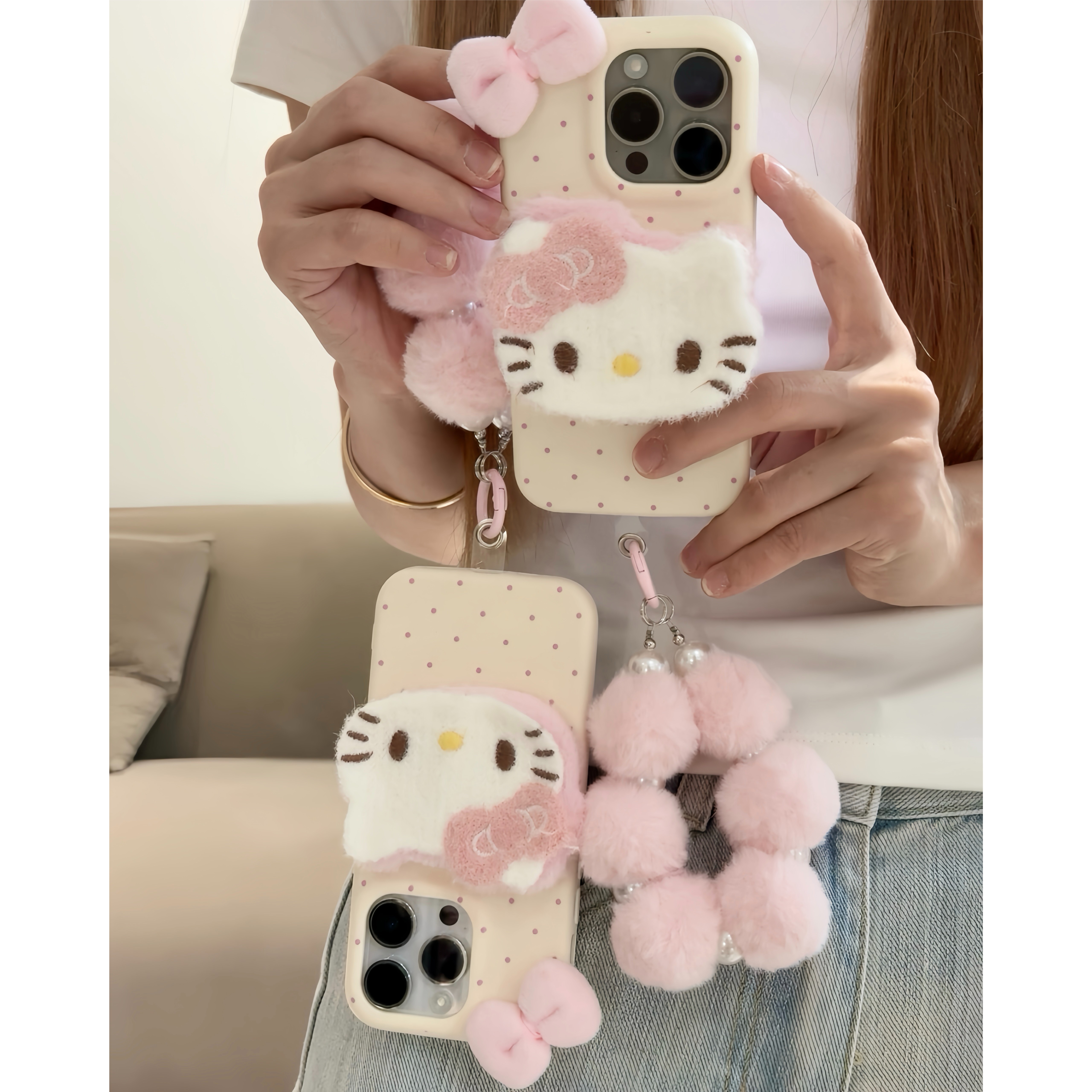 BANCA毛绒kitty猫适用苹果16手机壳iPhone15promax挂绳14/13套12