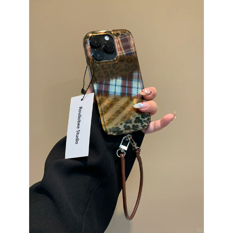 BANCA豹纹拼接撞色格皮绳适用苹果16/15手机壳华为vivo小米14oppo