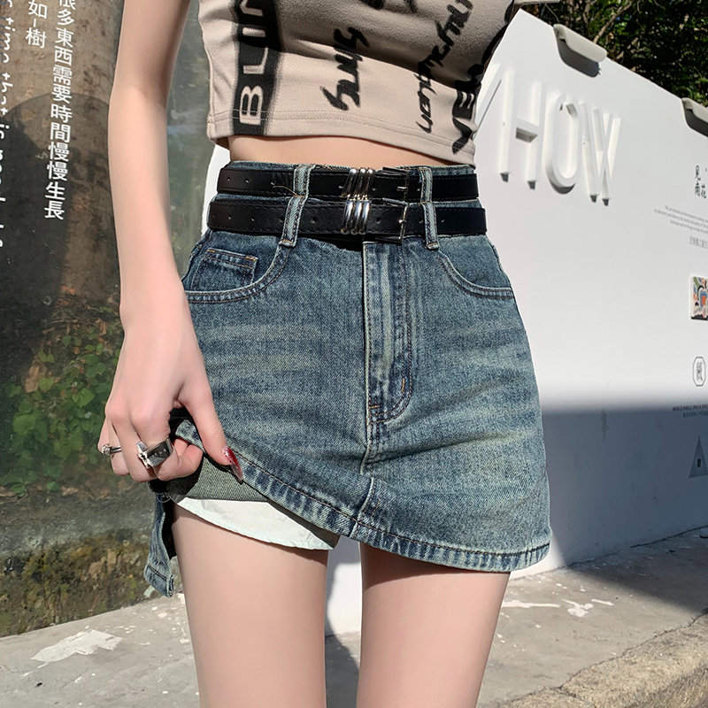 复古牛仔短裙女2024年春夏季新款美式辣妹A字包臀半身裙（送腰带）