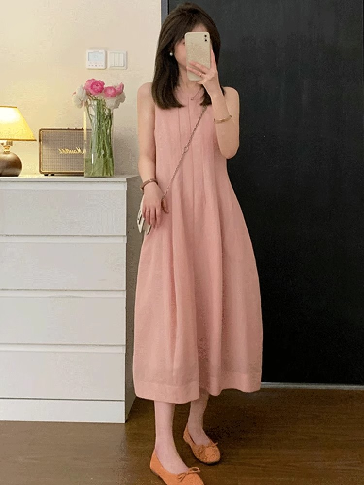 粉色法式甜美雪纺背心无袖连衣裙三文鱼裙新款女夏季显瘦长裙