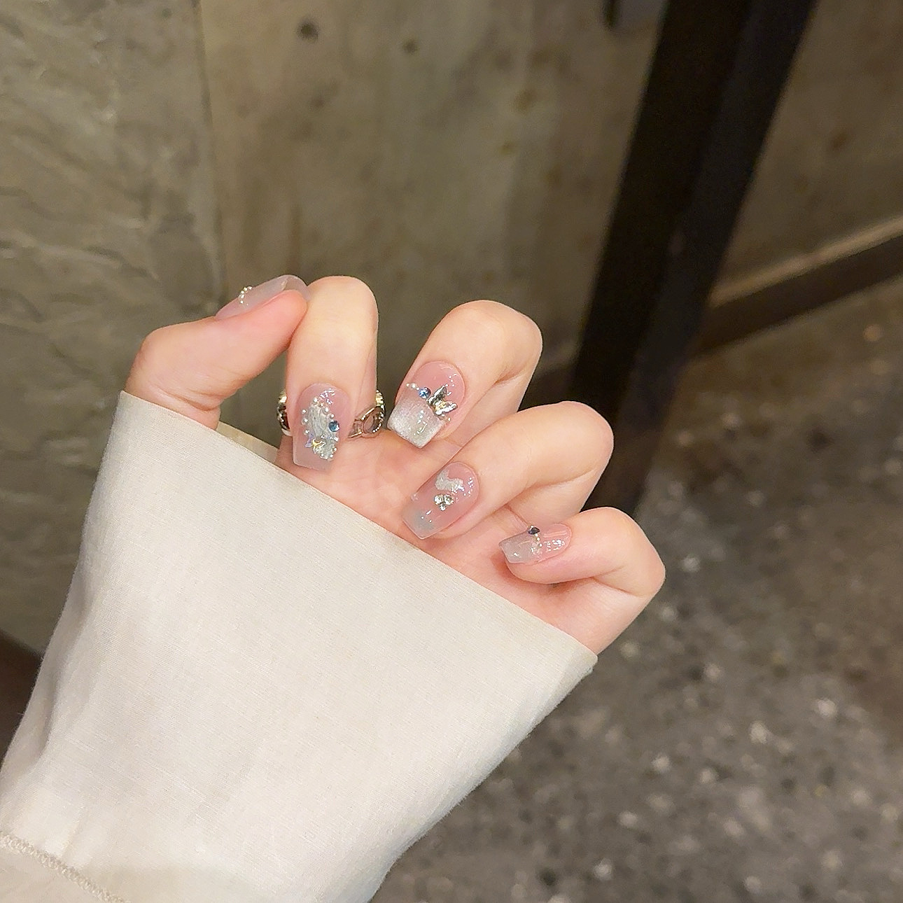 《薄荷爱心》冰透琉璃甲渐变纯欲镶钻显白高级感纯手工穿戴甲