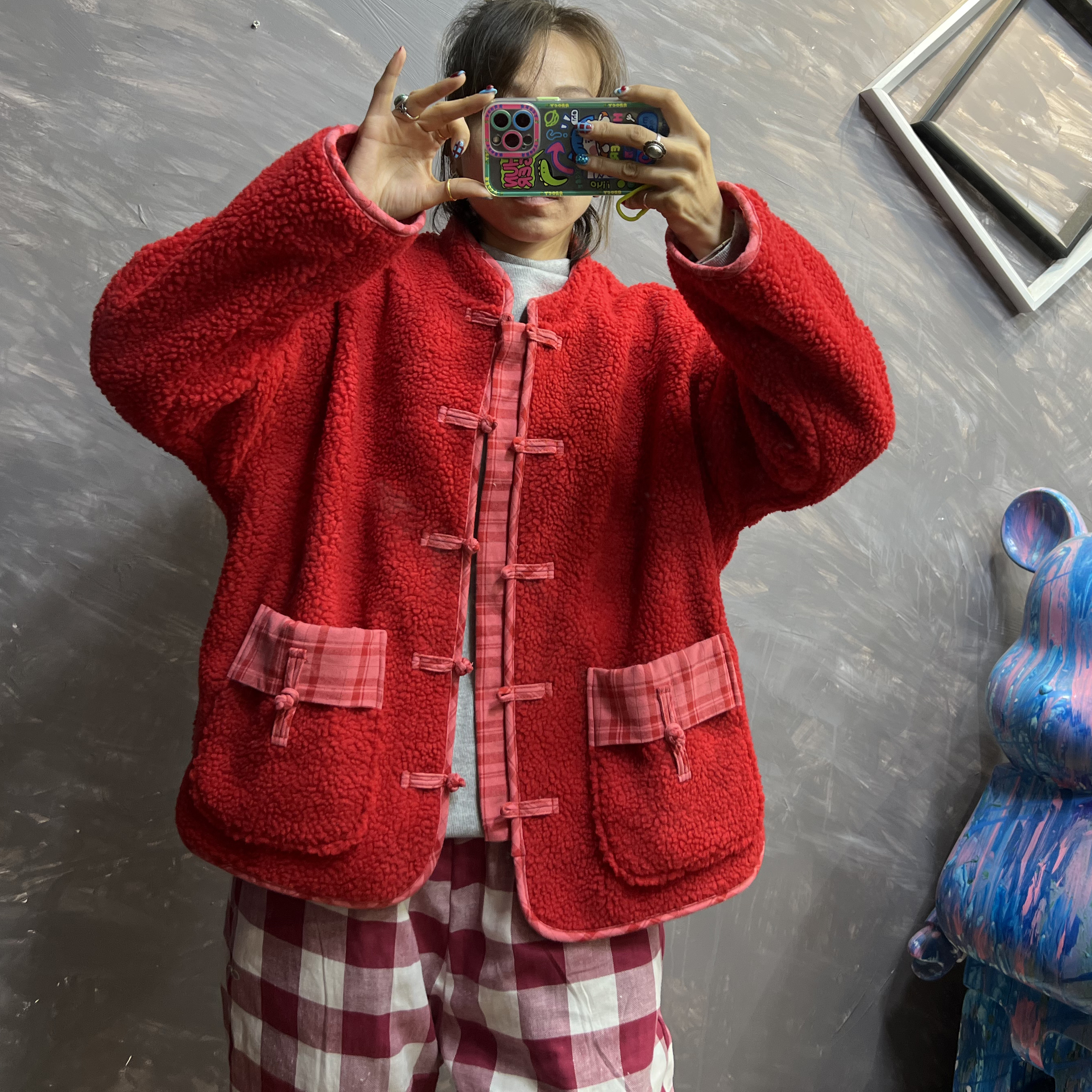 念北穿搭冬季简约百搭红色羊羔毛加厚保暖短款外套W