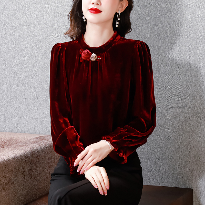 2025丝绒女秋季新款高贵洋气复古盘扣长袖T恤气质打底衫