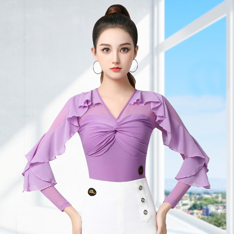 【v领前胸打结荷叶】丹宝罗摩登舞新款舞服秋季长袖女交谊舞舞衣