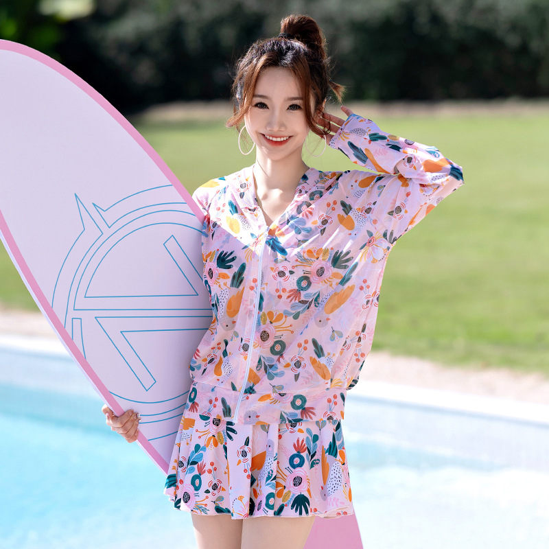 新款泳衣女分体裙式长袖罩衫防晒保守宽松遮肚显瘦泡温泉游泳衣女