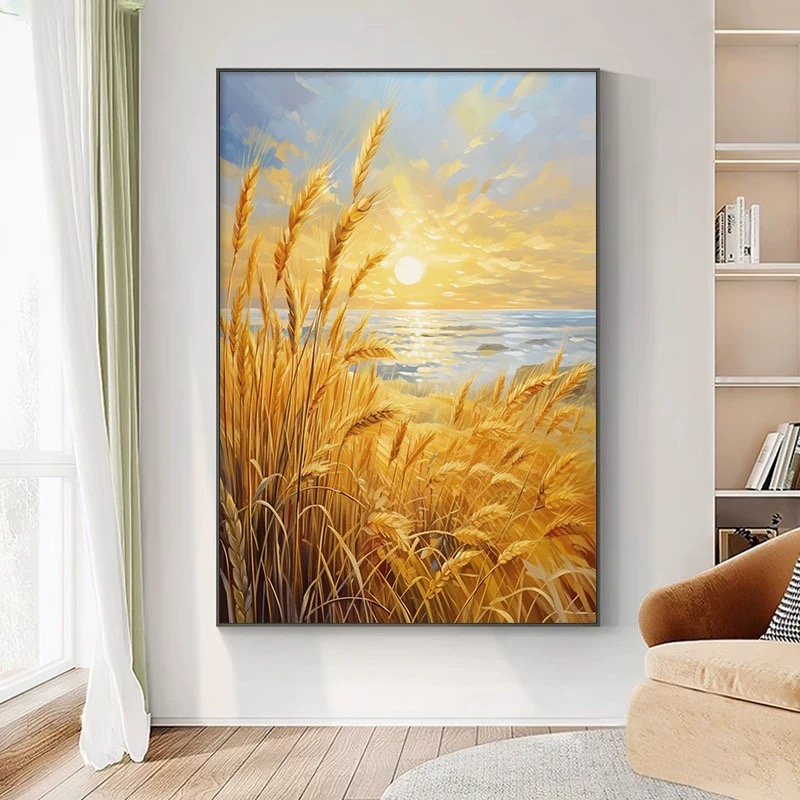 风吹麦浪轻奢现代玄关砂岩画现代简约客厅沙发背景落地挂画带框