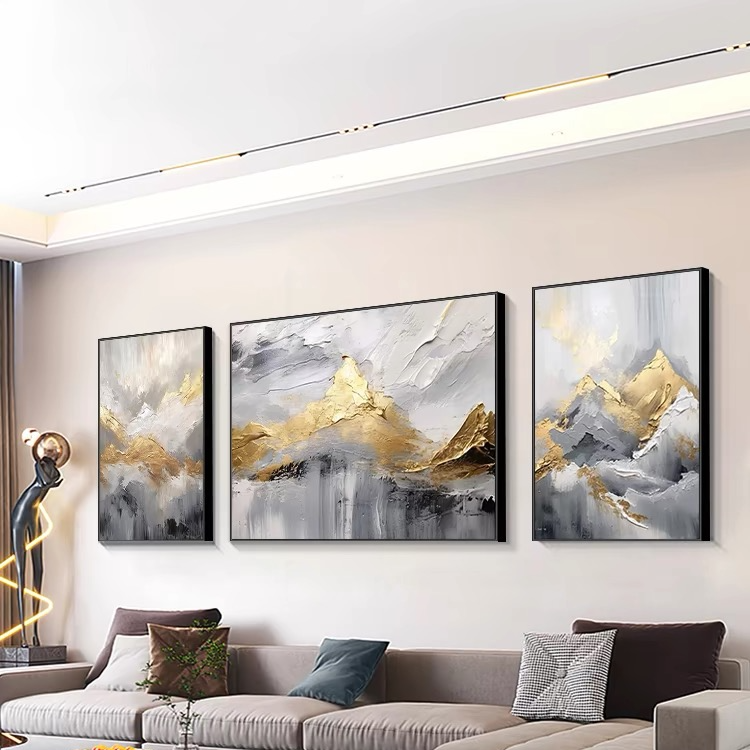 砂岩画金山别墅客厅沙发背景墙挂画现代简约轻奢三联高档抽象画